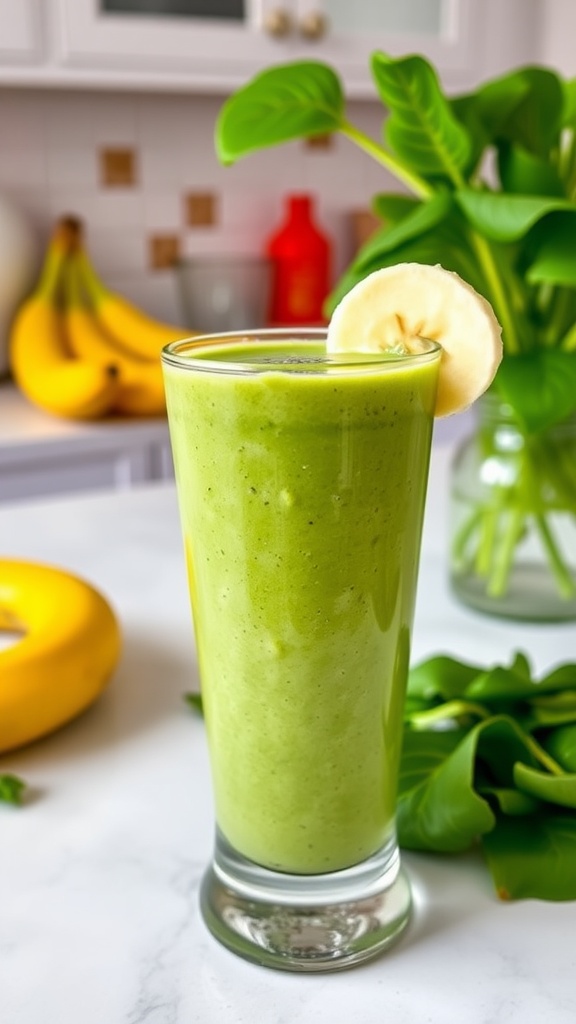 A refreshing spinach yogurt smoothie in a glass, garnished with banana slice and chia seeds.